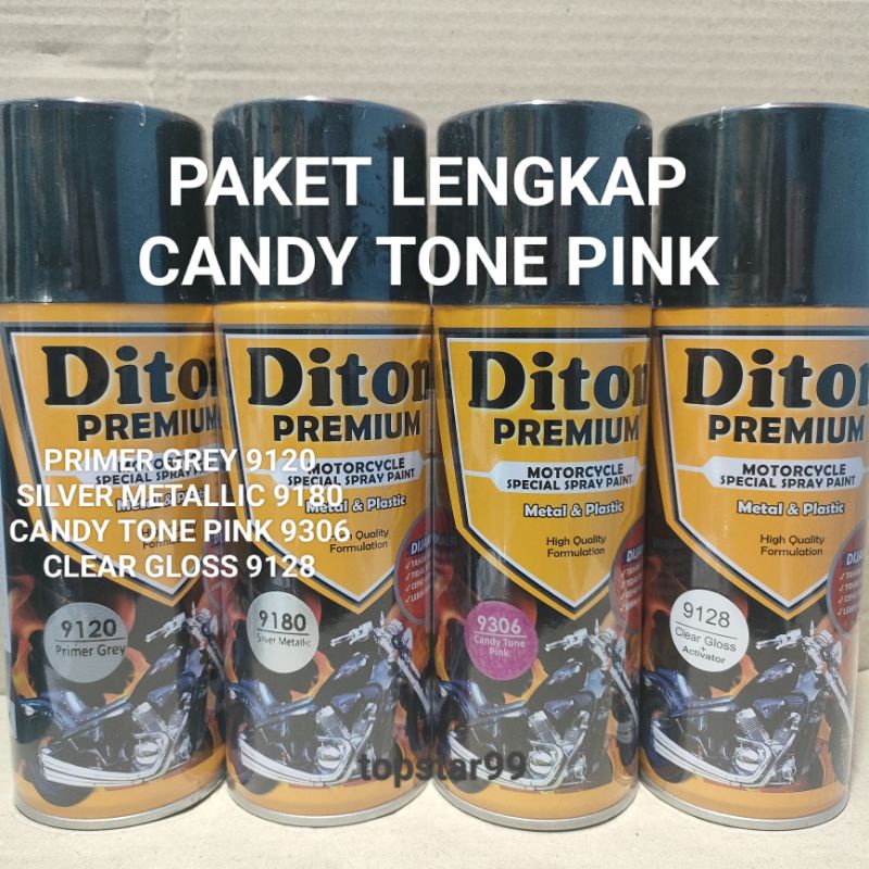 Pilok Cat Diton Premium Paket Lengkap 4 kaleng Candy Pink Candi Tone Ping 9306 Primer Grey Epoxy 9120 Silver Metalic 9180 Clear Glossy 9128 400cc Pilox Paketan Cat Semprot Special Spray Paint