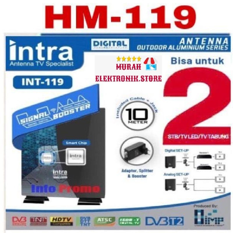 Antena Tv Digital Indoor Outdoor Intra INT-119 Bisa 2 Tv Kabel Panjang 10 Meter Full HD Original