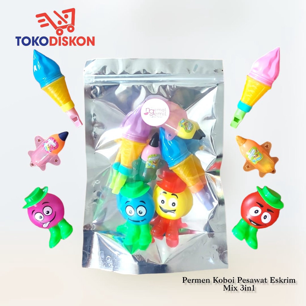 

Permen Keras Permen Mainan Koboi, Pesawat dan Es Krim Mix 3in1 Kualitas Premium