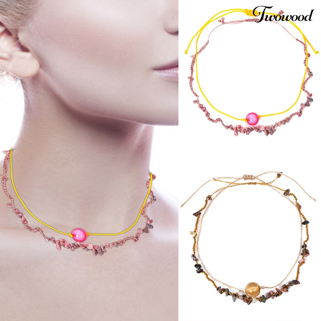 Kalung Liontin Batu Rajutan Tangan Lapisan Ganda Untuk Hadiah Perhiasan Wanita