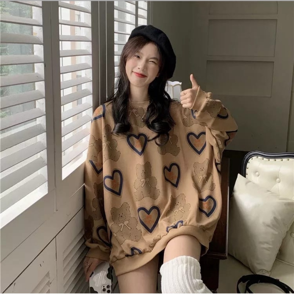 Sweater Wanita Oversize | LOVE BEAR FULL PRINT Sweater Korean Style Wanita