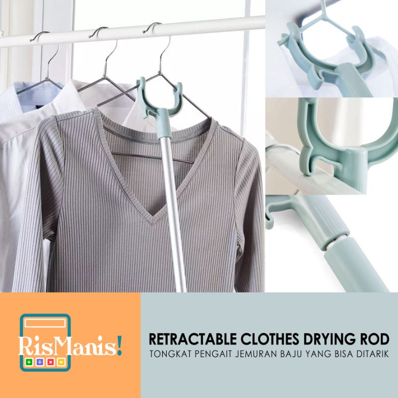 RETRACTABLE CLOTHES DRYING ROD - Tongkat Pengait Hanger Jemuran Tiang Penyangga Gantungan Baju Bisa Ditarik Panjang 1 meter