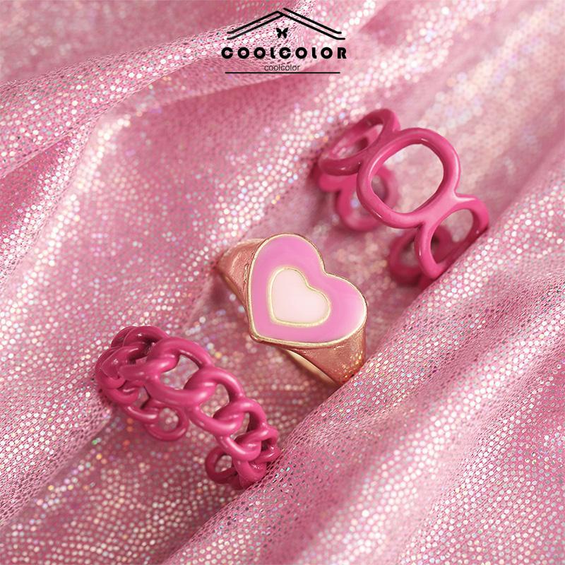 COD❤️3PCS Heart Geometry Rings Cincin Geometri Jantung Cincin Mode Menetes Minyak yang Dapat Disesuaikan untuk Aksesoris Perhiasan Wanita- cl
