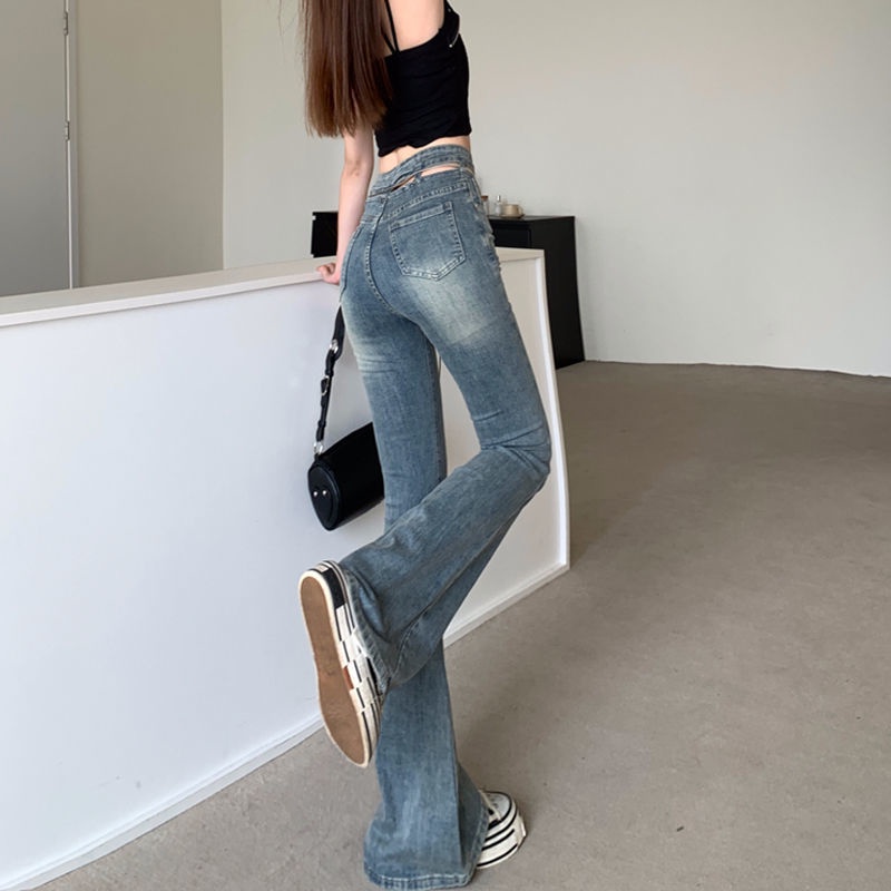 Suhao ukuran besar gadis panas gaya melubangi pinggang micro-flared jeans wanita musim gugur high street retro slim lebar kaki celana panjang trendi