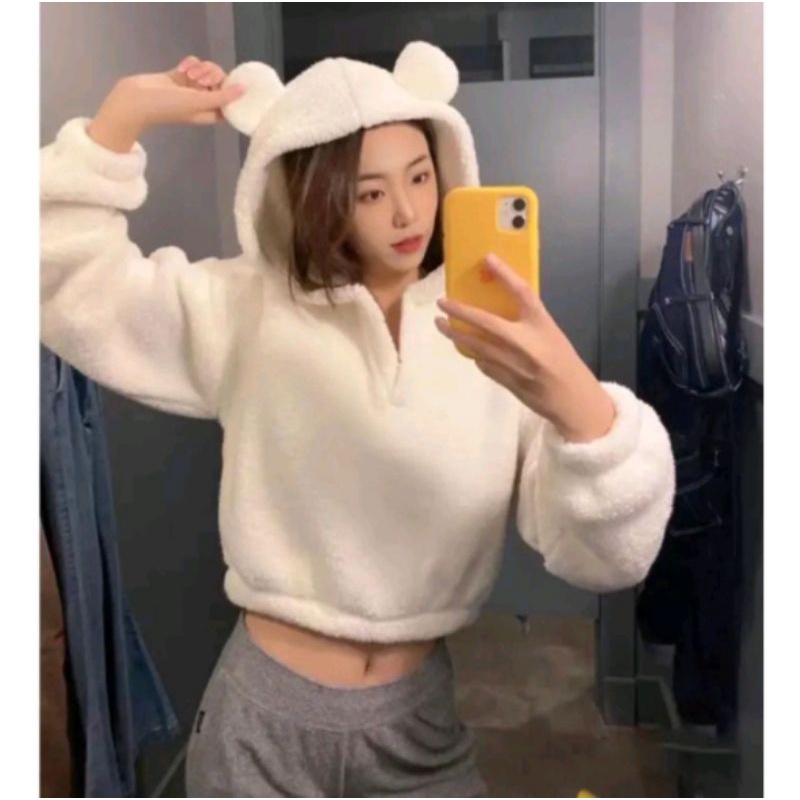(COD) Sweater Hoodie Crope V Bear Sherpa Bulu Domba