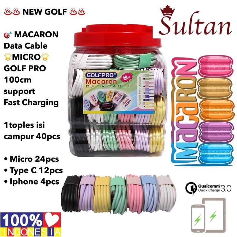 Pertoples 40pc Micro 24pcs Type C 12pcs iph 4pcs New Golf Macaron Kabel Data Campuran 100cm Support Fast Charging