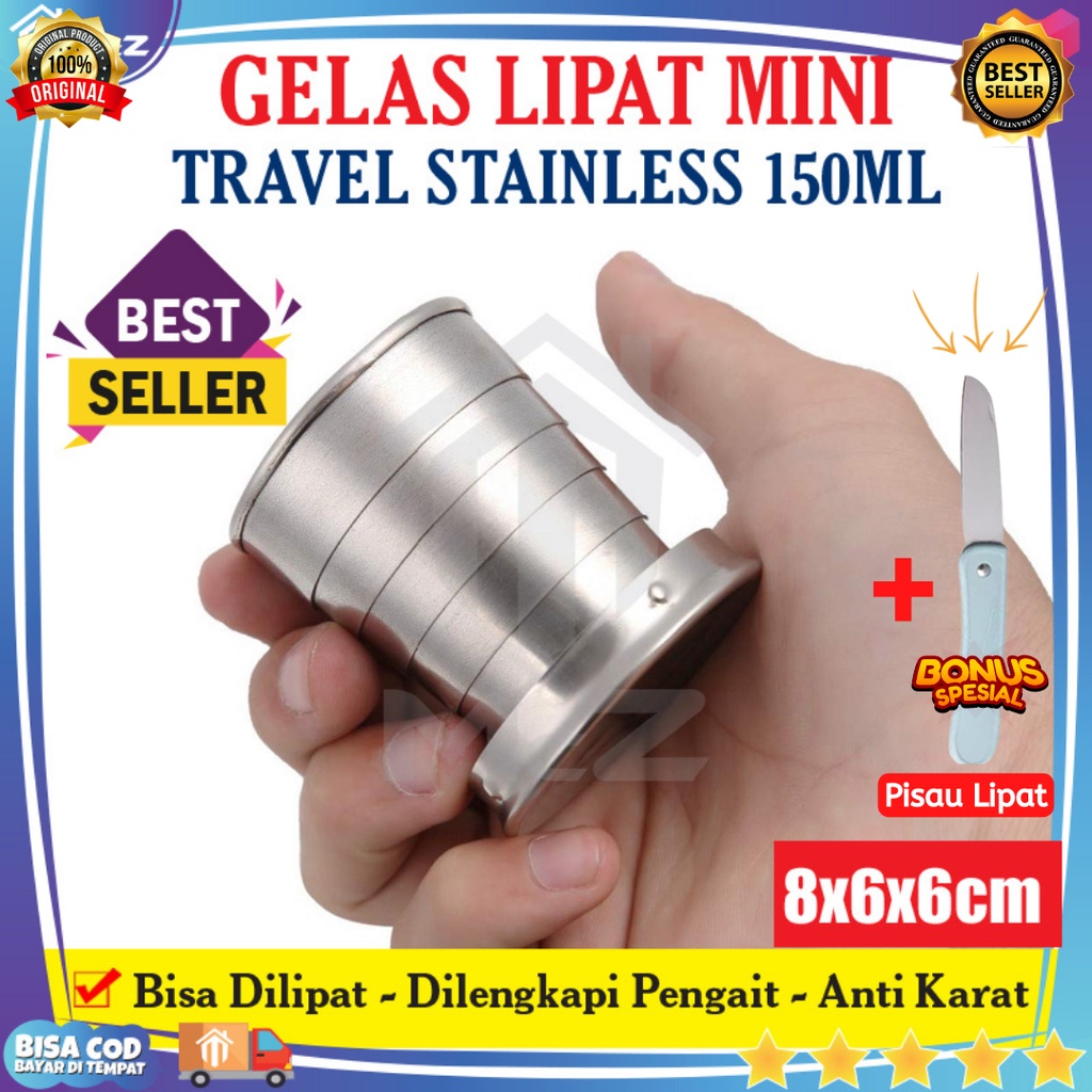 GELAS LIPAT STAINLESS 150ML BONUS PISAU LIPAT - Gantungan Kunci Gelas Lipat Camping - Gelas Lipat Po