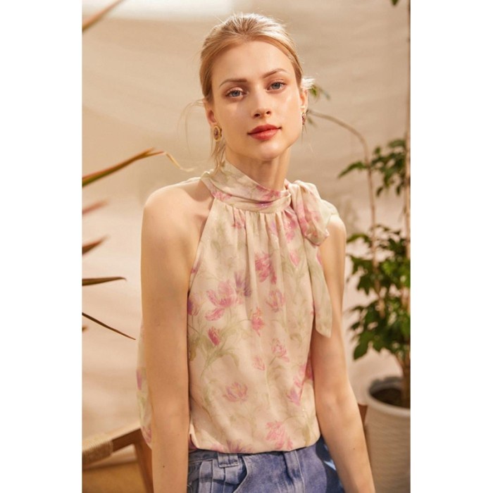 blouse wanita motif bunga sifon korea lengan buntung elegant