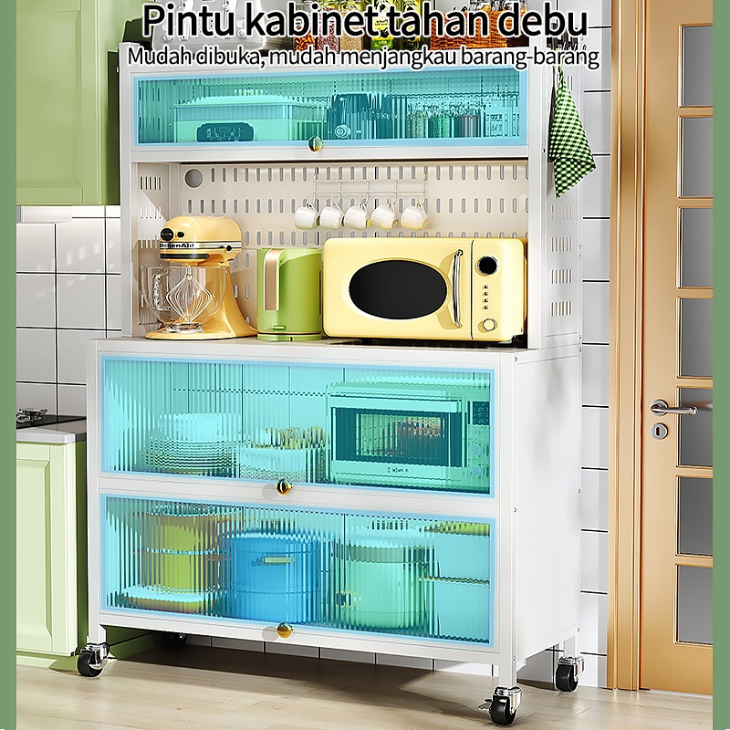 Rak Dapur Lemari Dapur Dengan Pintu Rak Penyimpanan Microwave Oven Rak Multi-Lapisan Lemari Piring Lantai Berdiri Rak