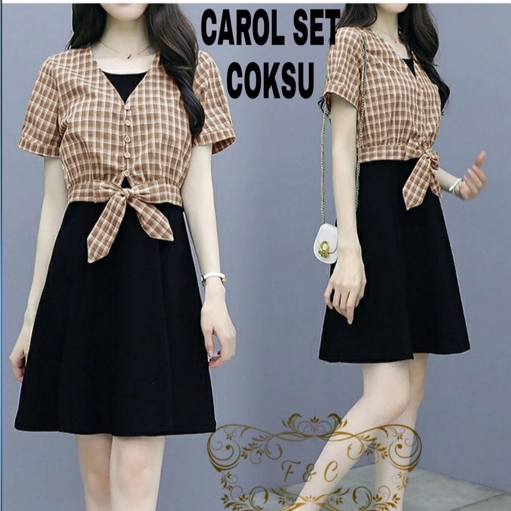 Best Seller SET CAROL 2IN1 SET DRESS + ROMPI KATUN KOTAK SETELAN WANITA Setelan baju Korea terbaru s