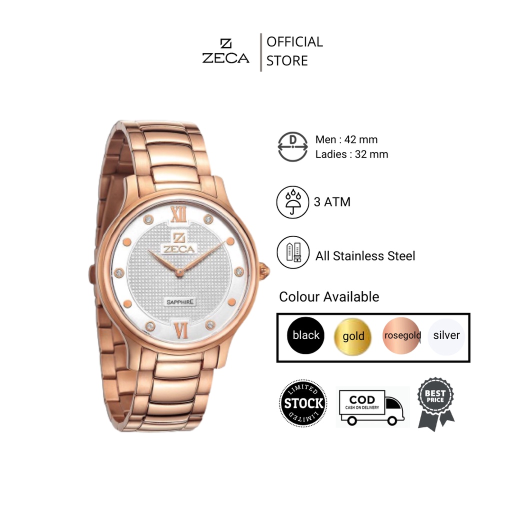 Zeca  Jam Tangan Couple Stainless Steel Analog Original Bergaransi Anti Air 307M/L Series Gold