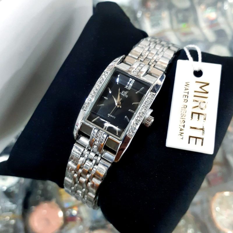 ( BESS SELLER) JAM Tangan Wanita Cantik Mirete Original Motif Permata Persegi Panjang Strap Rantai Stainlees Steel model KASUAL stainliss steel tahan air Free batre cadangan Jam Tangan Kasual Mewah Elegan Cewek Motif Permata / Jam Tangan Wanita mirete