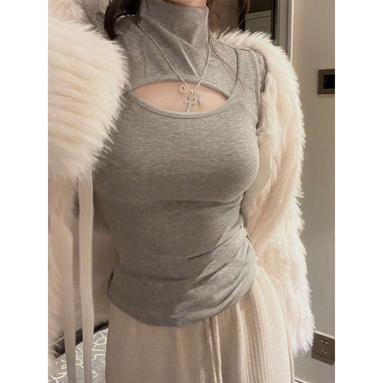 Red De Beludru Kerah Tinggi Berongga Hati-hati Mesin Bawah Kemeja Wanita Pakaian Dalam Rasa Desain Musim Gugur dan Musim Dingin Baru Slim Slim panas Gadis Atasan