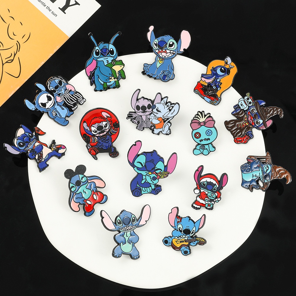 Kartun Stitch Logam Enamel Pin Anime Stitch Bros Lencana Lucu Badge Pakaian Lapel Pin Perhiasan Aksesoris