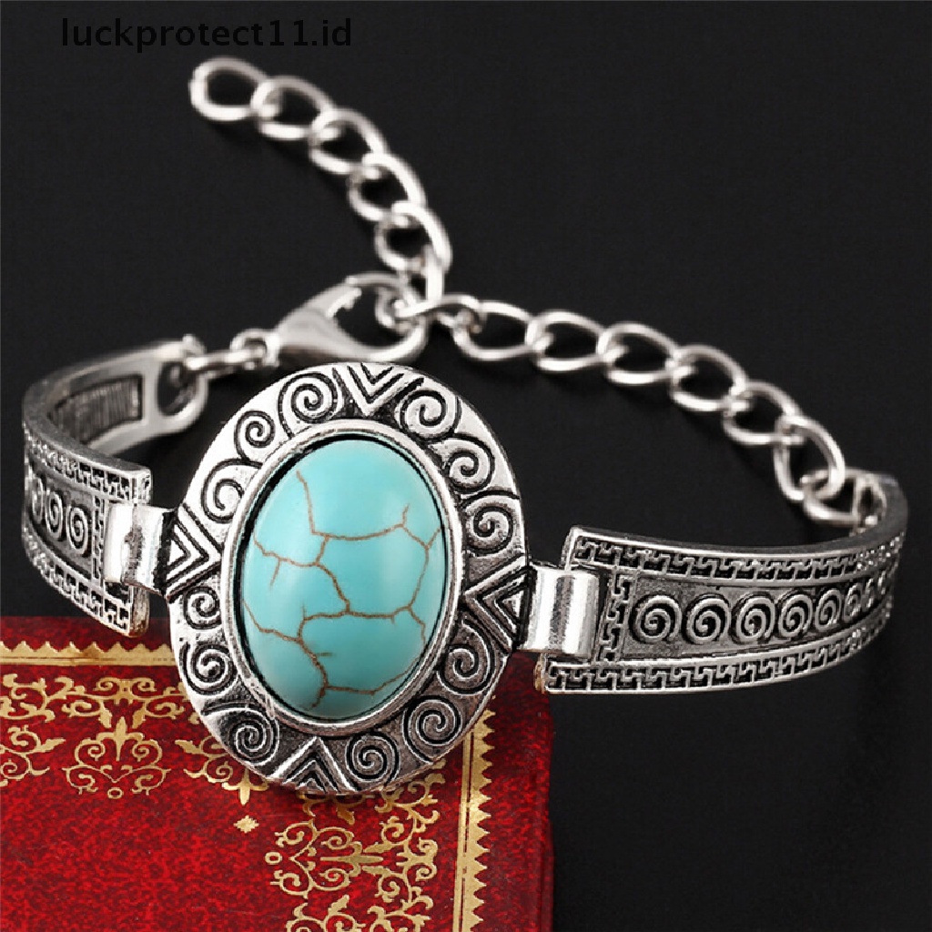 Gelang Rantai Bangle Cuff Warna Silver Turquoise Gaya Tibet Untuk Wanita