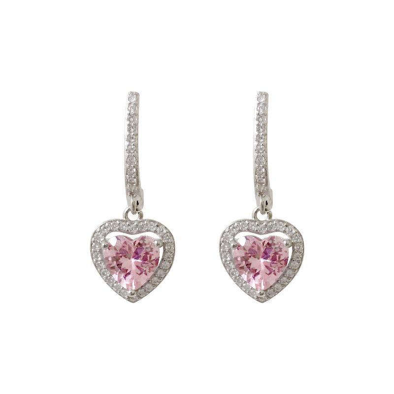 Barbie Anting 925 Silver Shiny Pink Cubic Zirconia Bentuk Hati Untuk Wanita