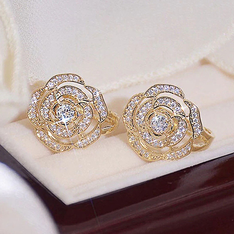 Fancyqube Anting Hoop Desain Bunga Sparkling Warna Silver Gold Untuk Wanita