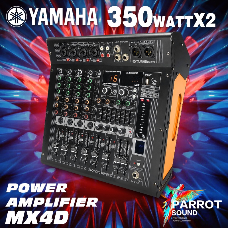 YAMAHA mx4d mixer audio 4 channel power mixer Amplifier 350watt x2 7-band graphic equalizer MP3, USB interface, Bluetooth, recording 16 dsp Bisukan -48V phantom power per saluran