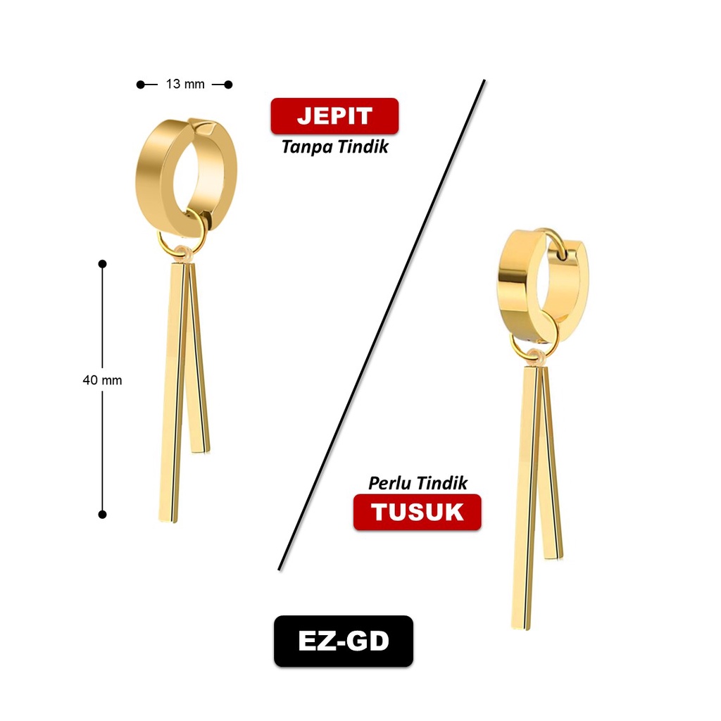 1Pc Model EZ-GD Gold Emas Anting Bandul Tongkat Ganda Double Stick Pria Wanita Jepit Tusuk