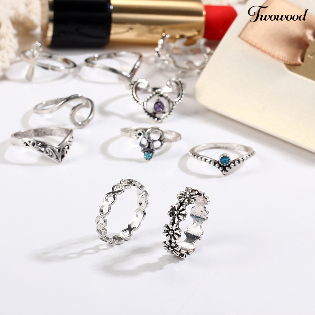 10 Pcs Cincin Knuckle Bentuk V Motif Bunga Gaya Vintage Untuk Wanita