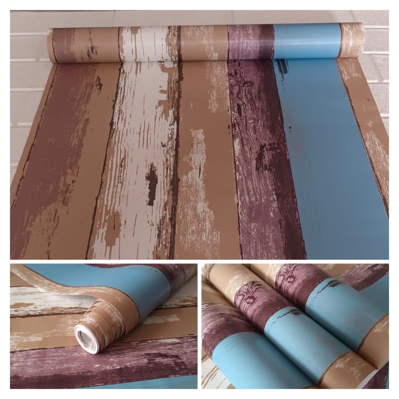 Wallpaper Stiker Dinding Motif Kayu Papan Warna Biru Coklat Putih Mewah Elegan Premium Modern