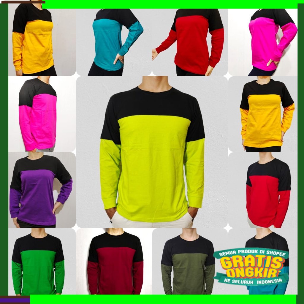 SPESIAL NATAL TAHUN BARU Kaos Polos Kombinasi Longskate Pria Wanita Lengan Sambung Panjang rib size 