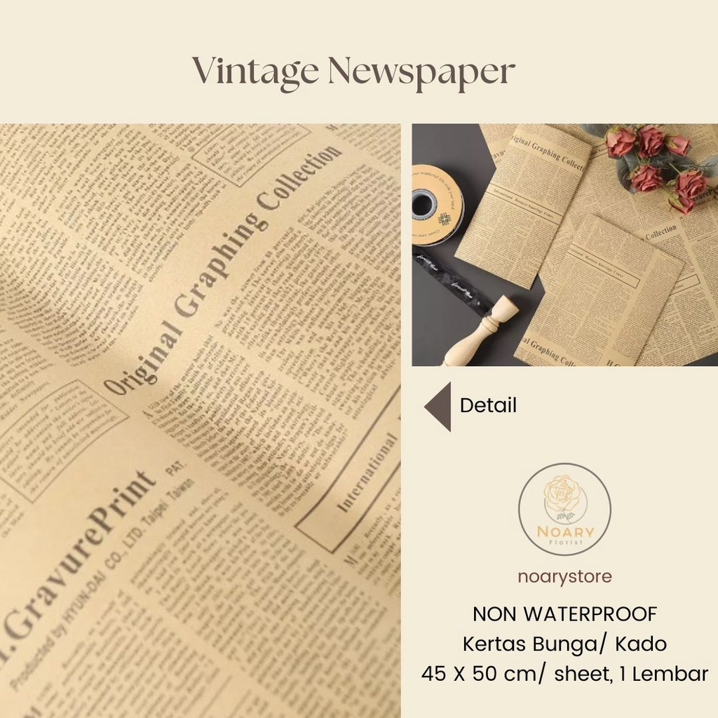 Vintage Newspaper Kertas Bunga Wrapping Cellophane Paperwrap Buket Bunga Bungkusan Bunga / Flower Wrapping / Cellophane / Wrap / Kertas Bunga / Kertas Kado / Flower Paper / Kertas Grosir / Kertas Import / Kertas Cellophane / Florist / Buket Bunga / Floris