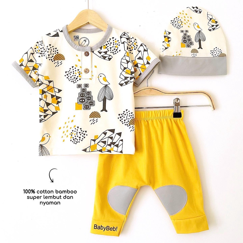 BERSERTIFIKASI SNI Premium Cotton Bamboo Babybeb Baju Setelan Kaos Celana Topi Pergi Jalan Lucu Fashion Anak Bayi Cowok Laki Terlaris Murah TOKYO BIRD