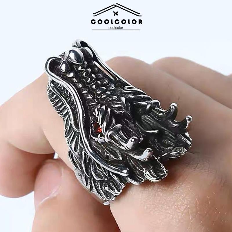 COD❤️Cincin Desain Ukiran Kepala Naga Bahan Cubic Zirconia Gaya Punk Untuk Pria- cl