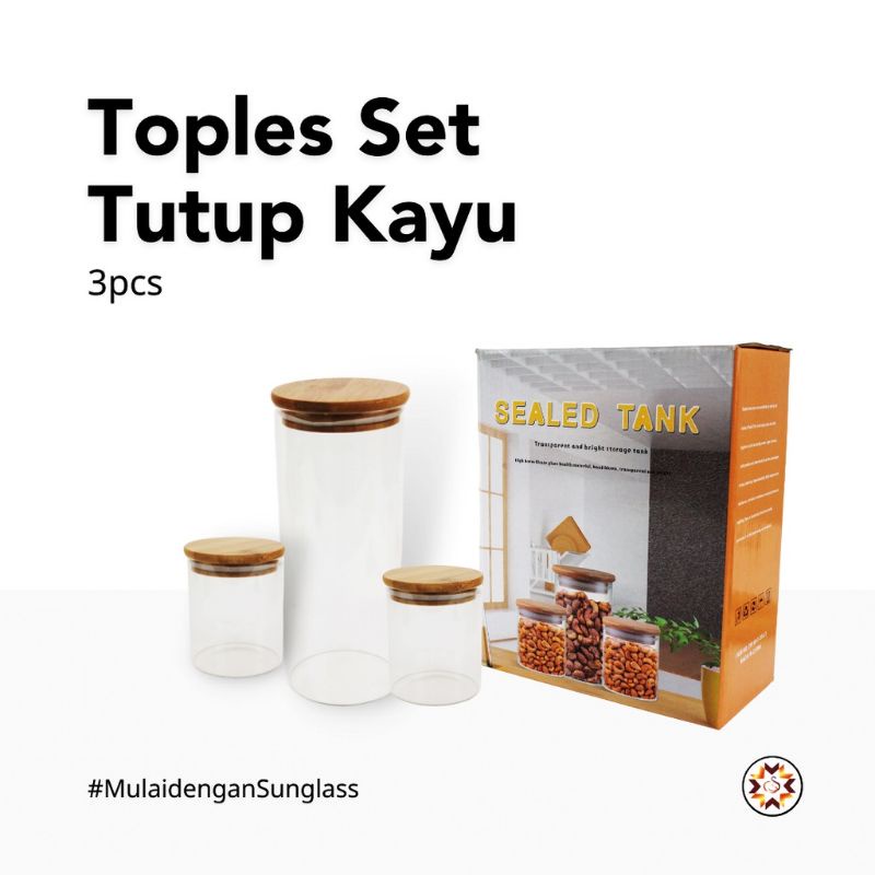 Toples Bumbu Kaca Tutup Kayu Toples Kue 3 Set Kaca Sealed Tank / Tempat Cemilan Tutup Kayu