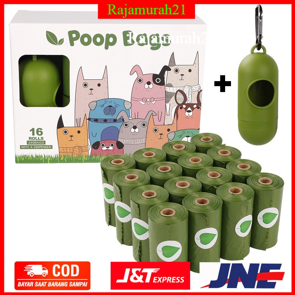 Plastik Kotoran Binatang Anjing Kucing Poop Bags Biodegradable 16 PCS with Dispenser - Green - 7RHZVKGR