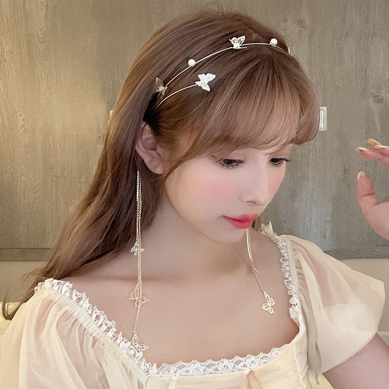 Headband Model Butterfly Rumbai Aksen Mutiara Dan Berlian Bahan Alloy Gaya Korea Untuk Wanita