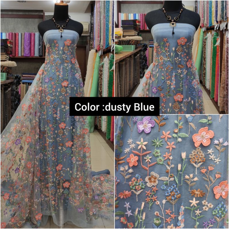 Kain Tile Bordir Brokat Bunga 3D Timbul Multicolor Dusty Blue