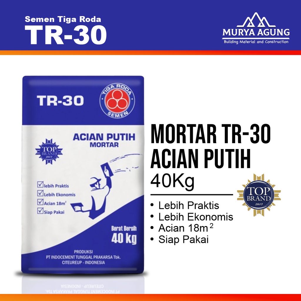 Mortar TR-30 Acian Putih 40Kg, Praktis, Ekonomis,Siap Pakai |Tiga Roda