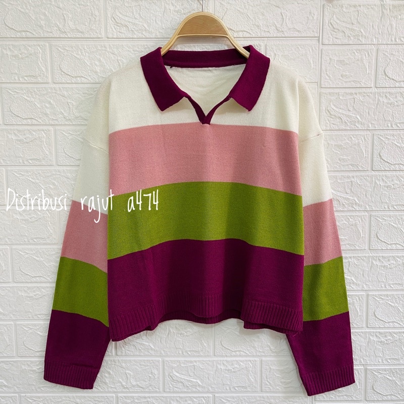 Moana~Atasan rajut berkerah polo//Blouse Wanita Motif Pelangi //sweater rajut korean aesthetic