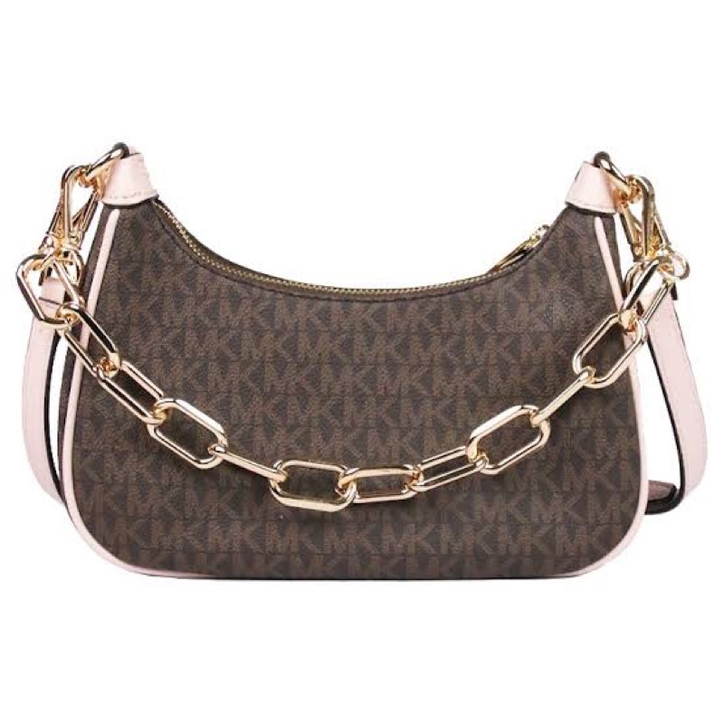 Michael Kors MK Cora Medium Zip Pouchette Brown Powder Blush Logo