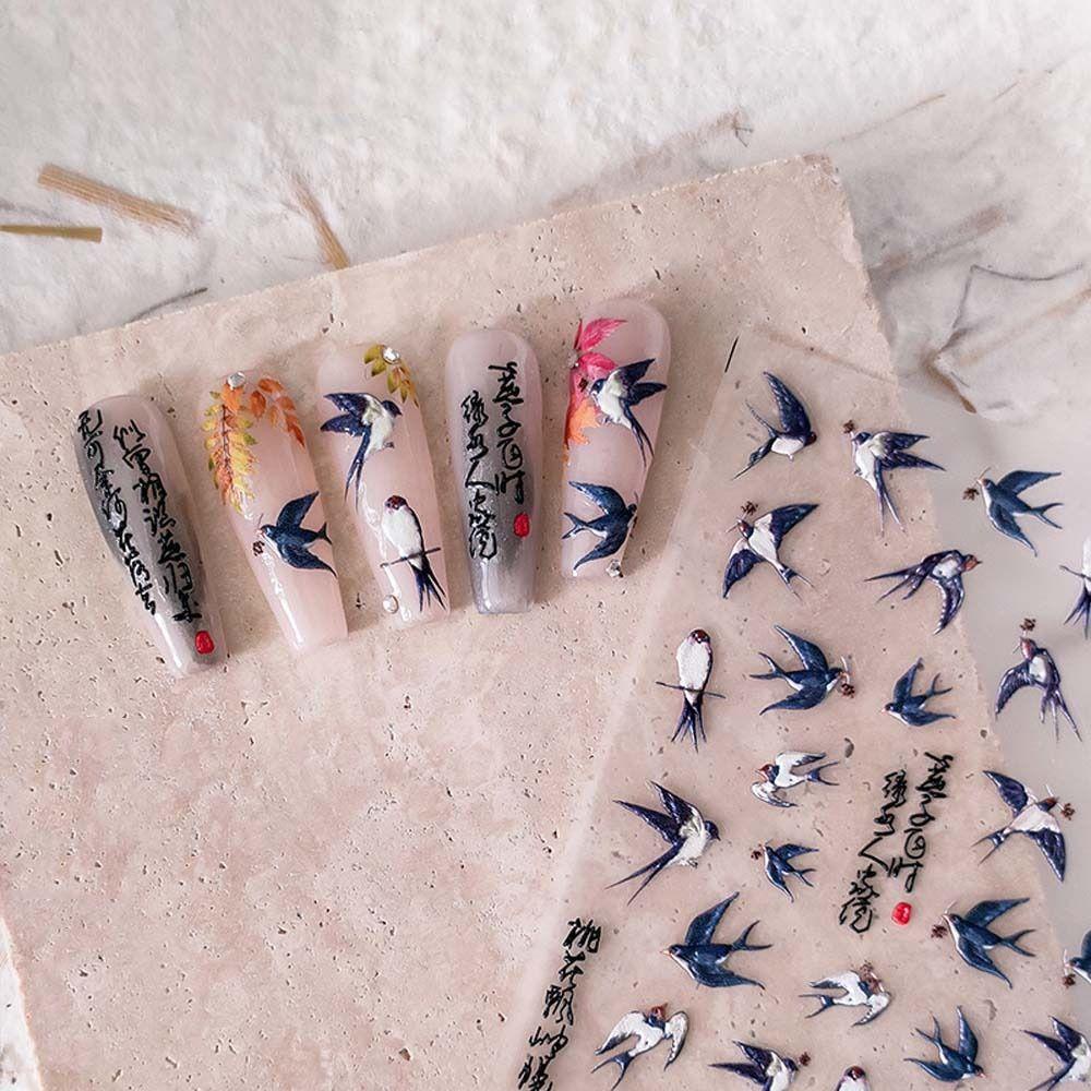 Mxbeauty Stiker Kuku Cina Wanita Fashion Karakter Cina Manicure Aksesoris Swallow Crane Gaya Antik Nail Art Dekorasi