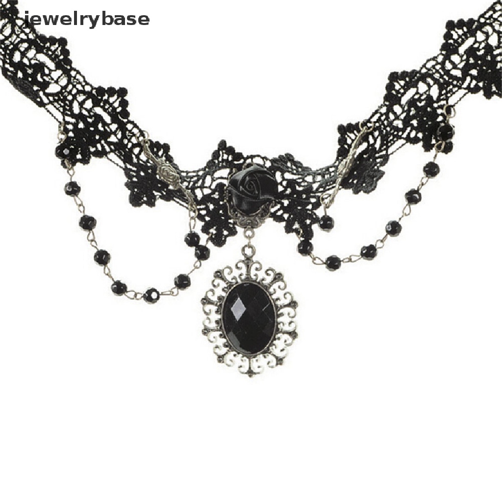 Kalung Choker Rantai Manik-Manik Renda Bunga Mawar Hitam Gaya Gothic Lolita