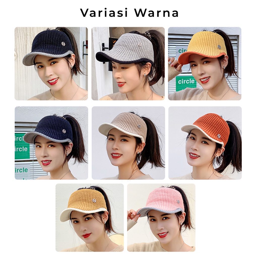 Topi Senam Rajut Korea Wanita Motif M Fashion Sporty Anti Sinar UV SPAB