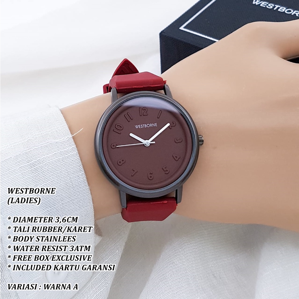 (FREE BOX) JAM TANGAN WESTBORNE WANITA FASHION TALI RUBBER BODY BULAT ANGKA POLOS