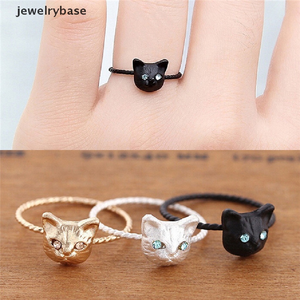 1pc Cincin Bentuk Kucing Aksen Berlian Imitasi Warna Hitam / Emas / Silver Untuk Wanita