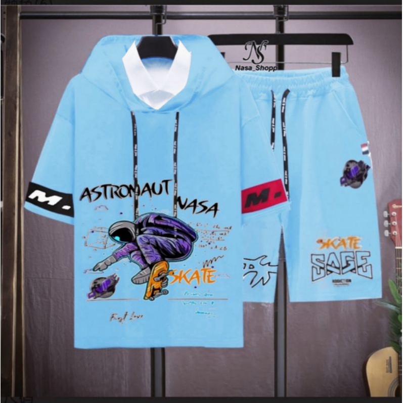 N_S Stelan Pria/Wanita 1Set Distro Baju Hoodie+Celana Pendek ASTRONAUT SKATEEE