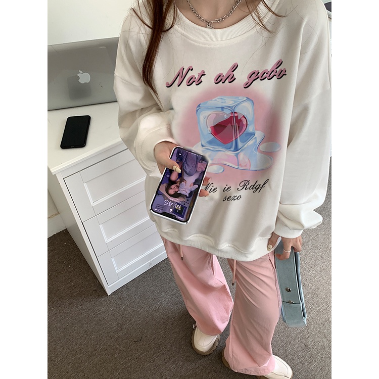 EUNII Sweater Lengan Panjang Love Ice Cubes Korean Style/Hoodie Oversize/Baju Wanita/Switer Wanita