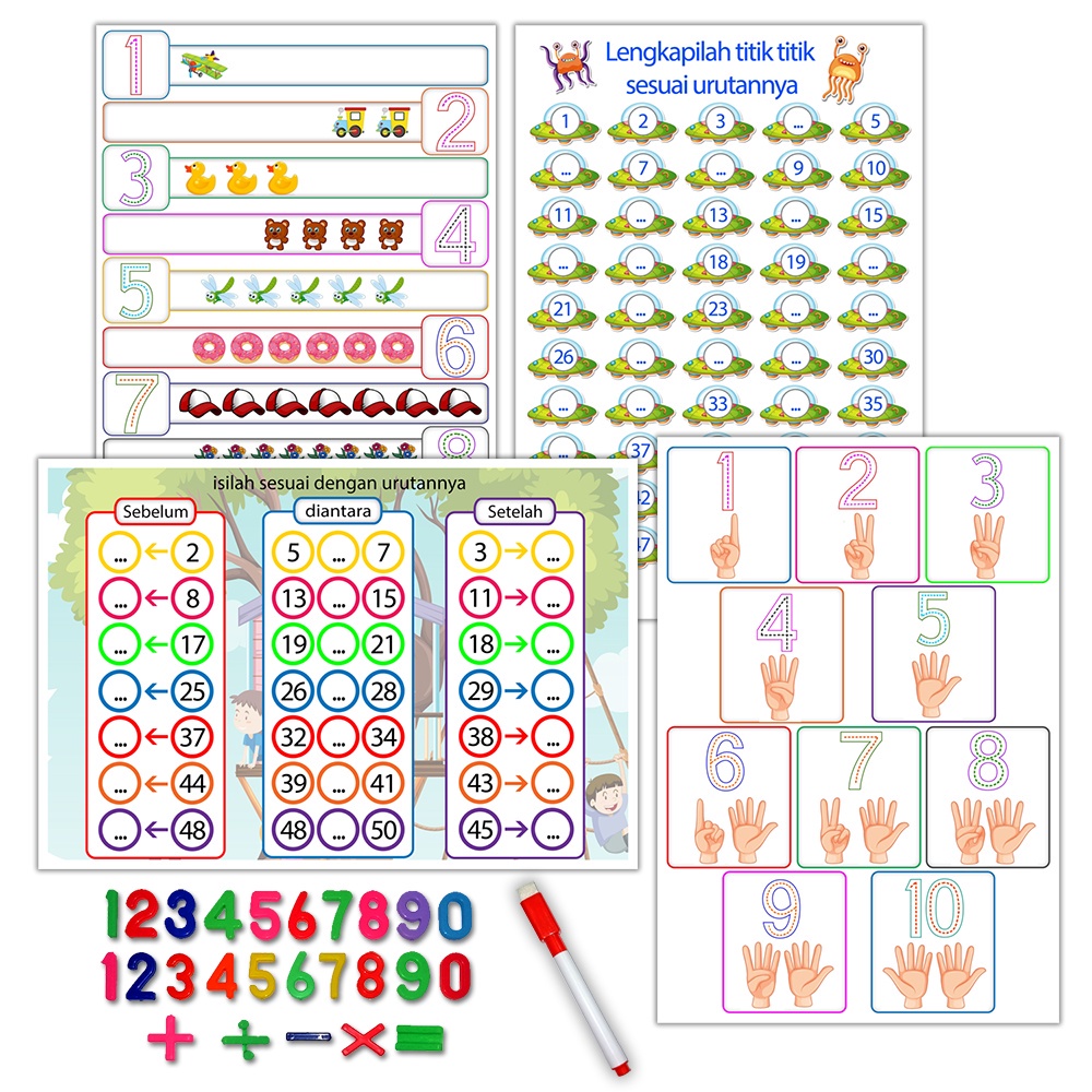 MAINAN EDUKASI Worksheet Wipe Clean Pengenalan Angka dan Jumlah LEVEL 1 (Mudah)