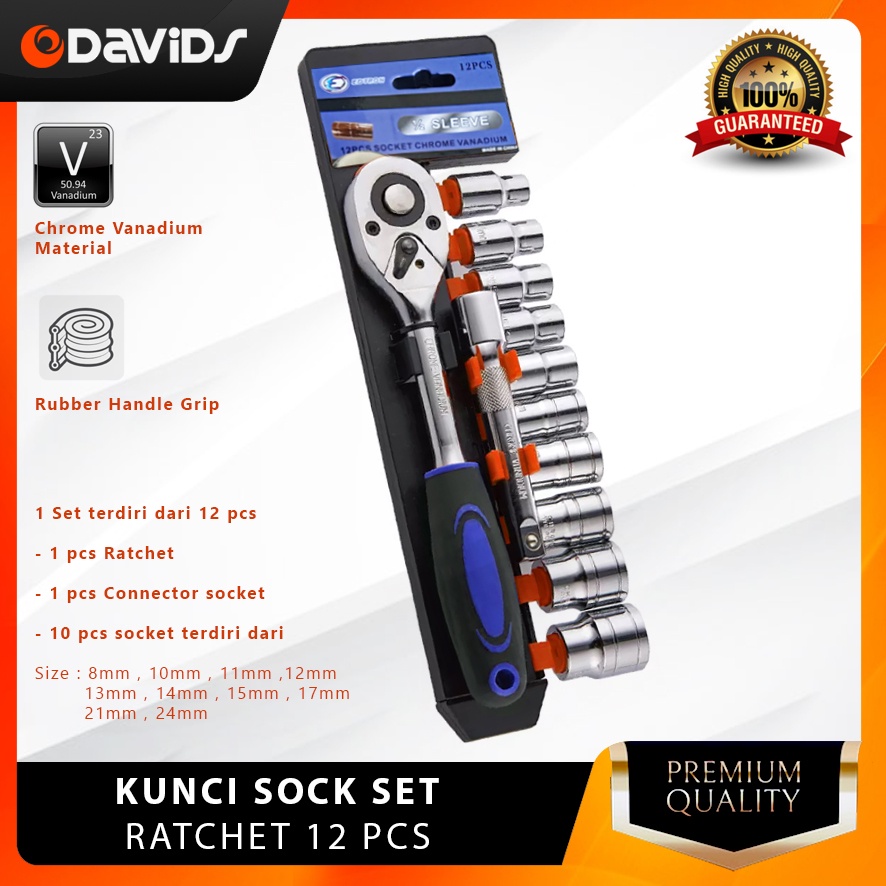 Kunci Socket Set Shock Sock Sok Shok Ratchet Krek Wrench Tools 12 Pcs