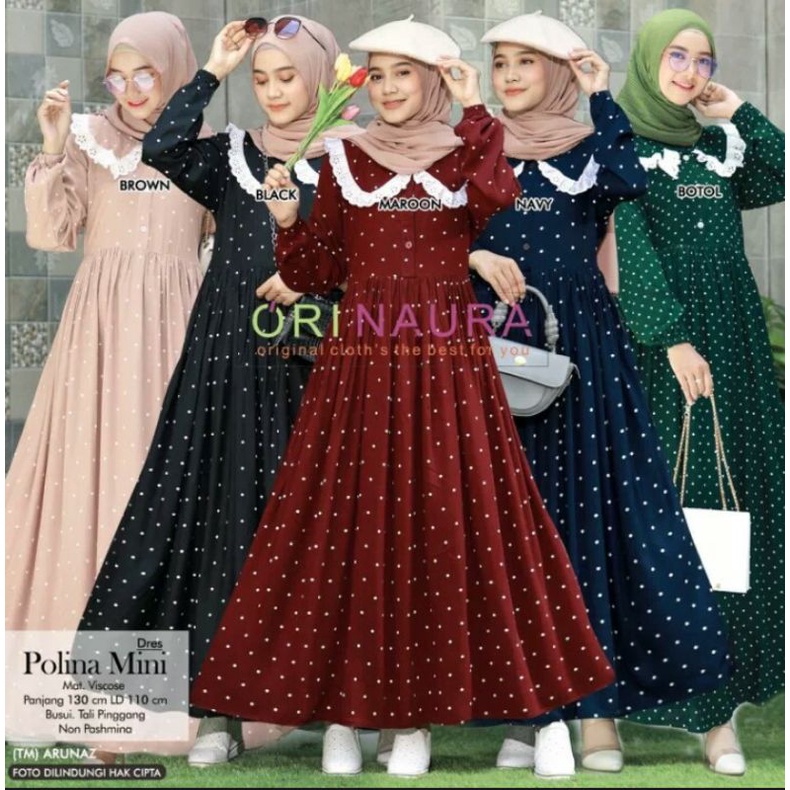 (MURAH) Poky Midi Dress Rayon Motif Polkadot Baju Gamis Wanita Fashion Muslim
