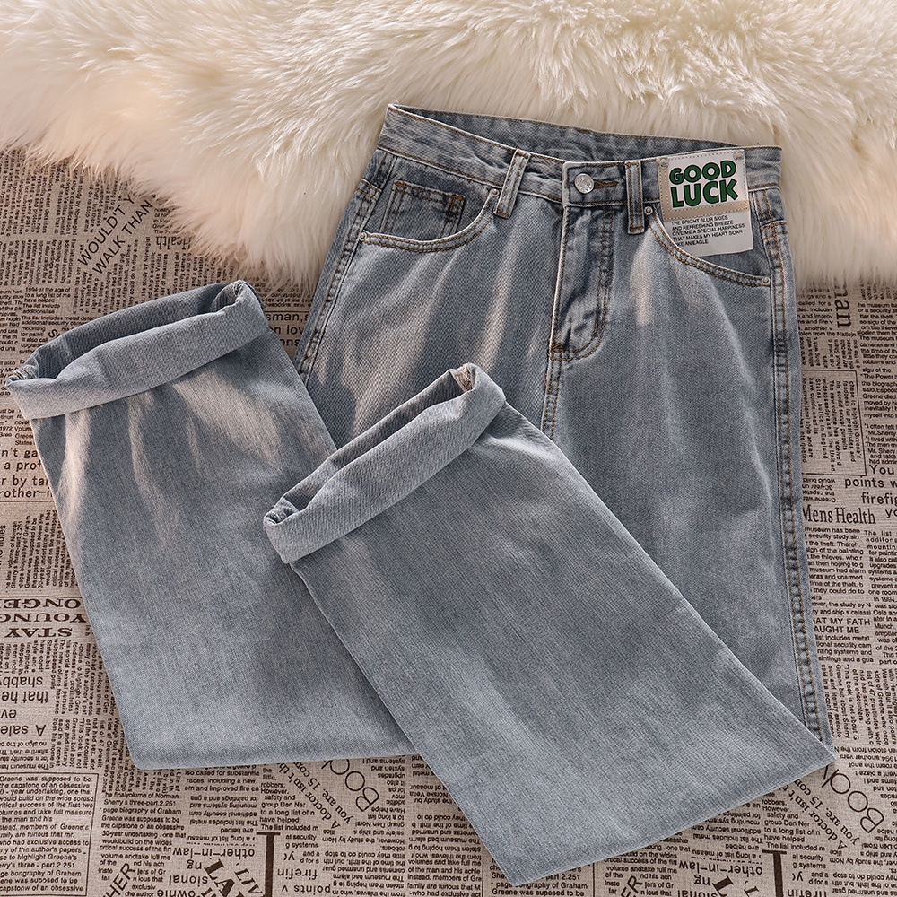 Kekinian Korean Fashion Highwaist Loose Straight Kulot Jeans Wanita(Good Luck )（Realpict）