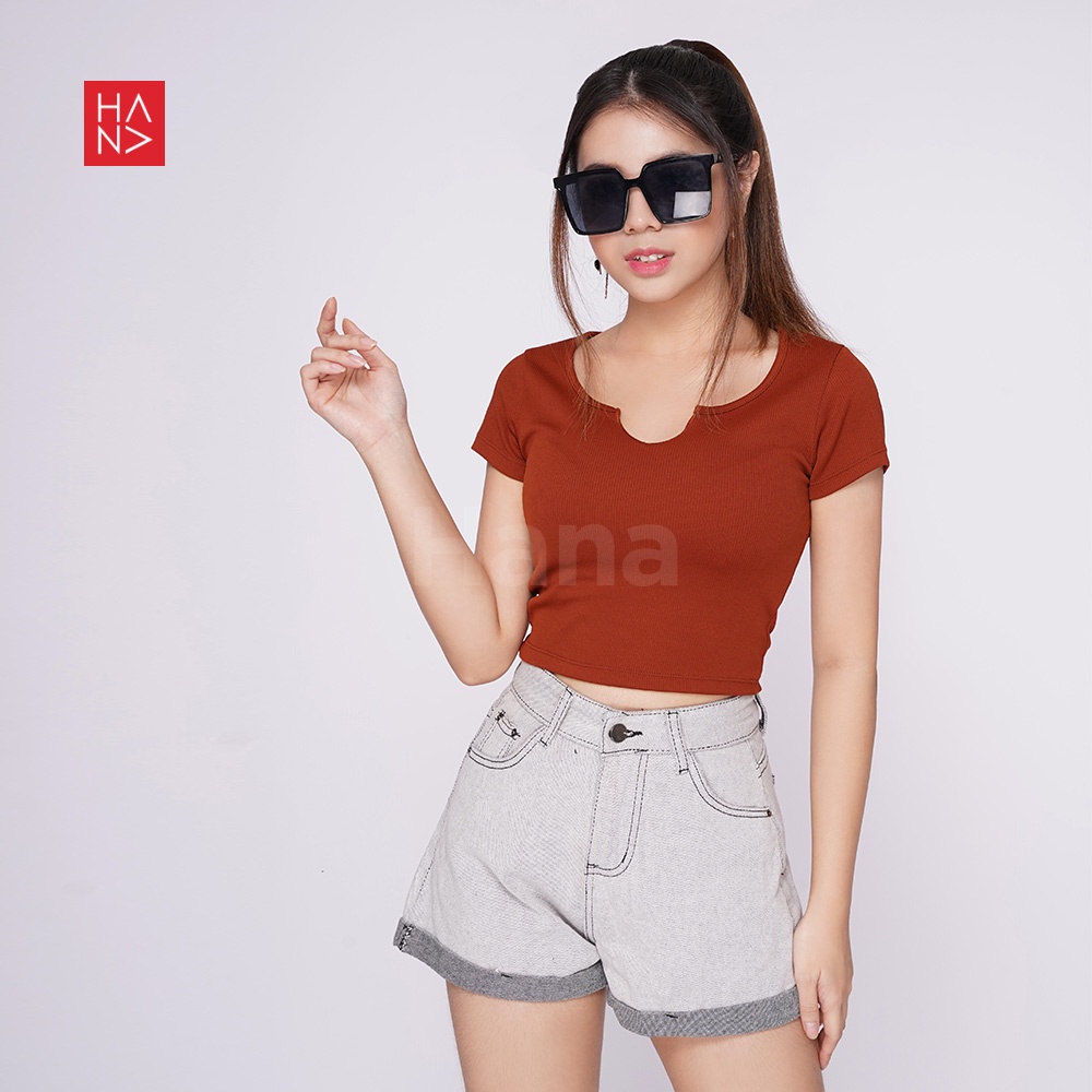 Hana Fashion - Kharen T-shirt Knit / Kaos Crop Wanita Gaya Korea - TS478