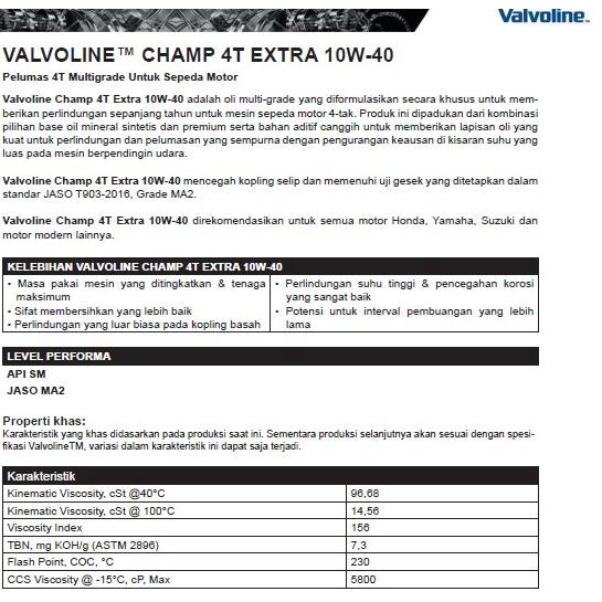 Oli Vespa Matic Valvoline Champ Extra 10W40