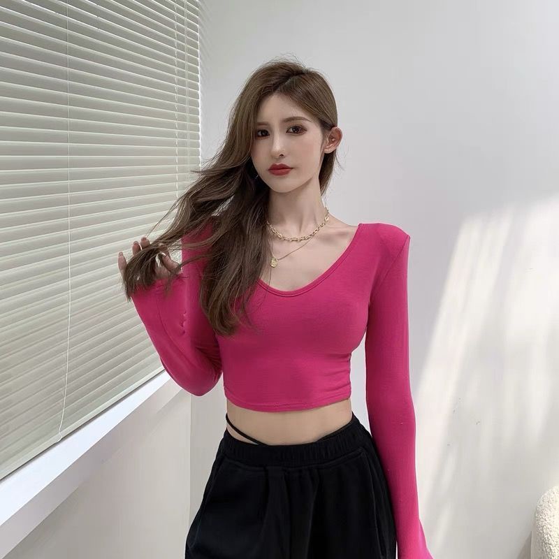 Suhao keinginan murni angin top lengan panjang wanita desain rasa niche t-shirt pendek hot girl top bottoming kemeja chic ketat pas slim fit